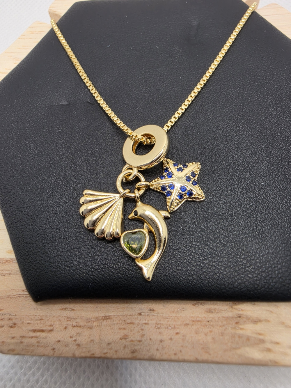 Gold Tone Dolphin, Star & Shell Charm Necklace - Blue & Green Accents. New.